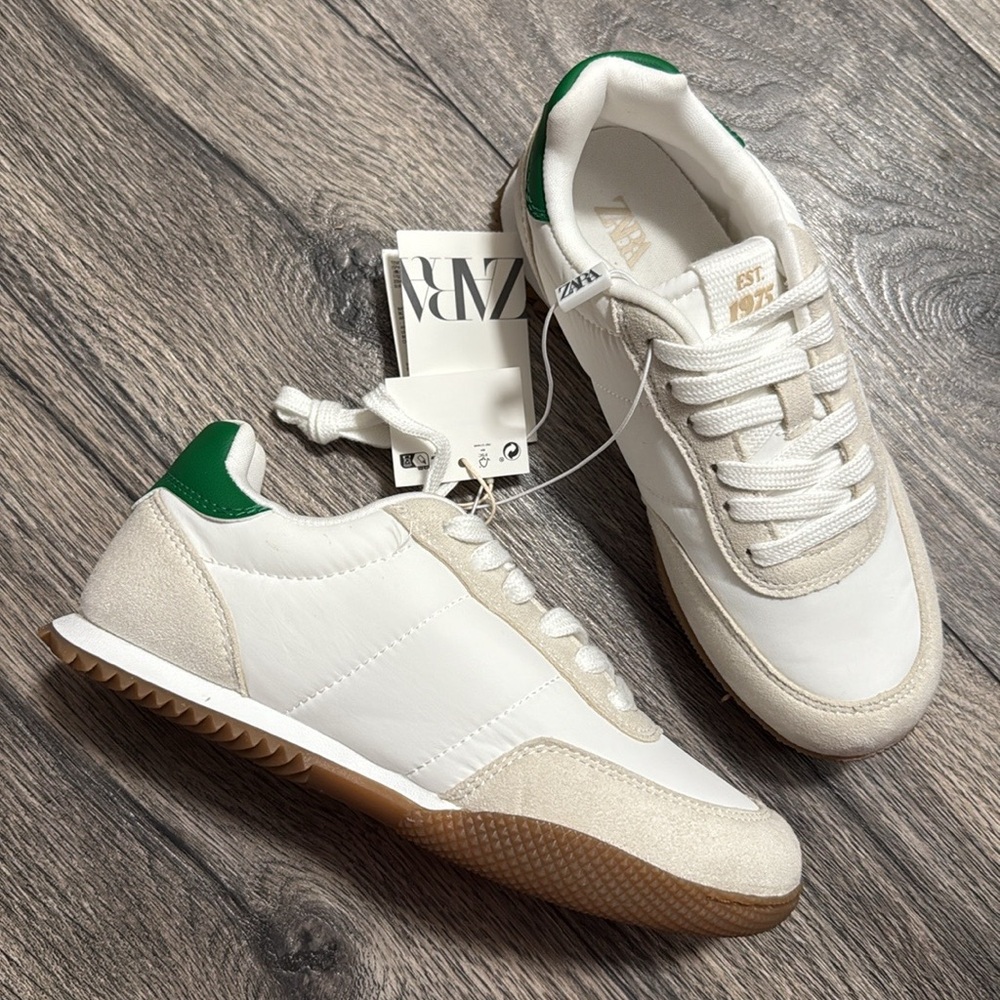 Zara quilted sneakers shoes white green size 2 girls new